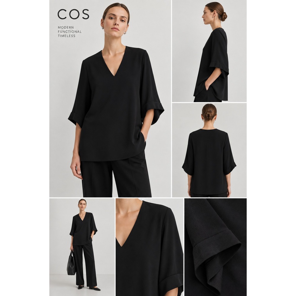 COS Tunic Dress 3/4 Bell Sleeve Rayon Minimalist  Women's US 8 Black V Neck